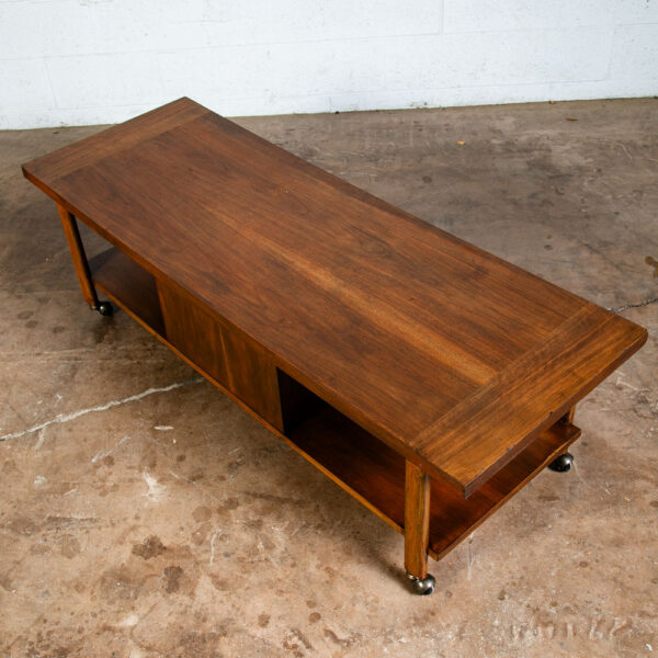 Mid Century Modern Coffee table Lane Rolling Storage Walnut Sliding Door Vintage - Image 5