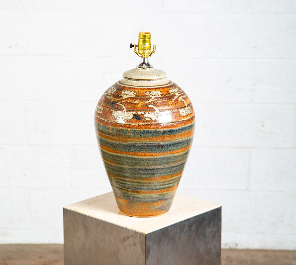 Mid Century Modern Table Lamp Set Pair Green Orange Grey Ceramic Round Vintage - Image 8