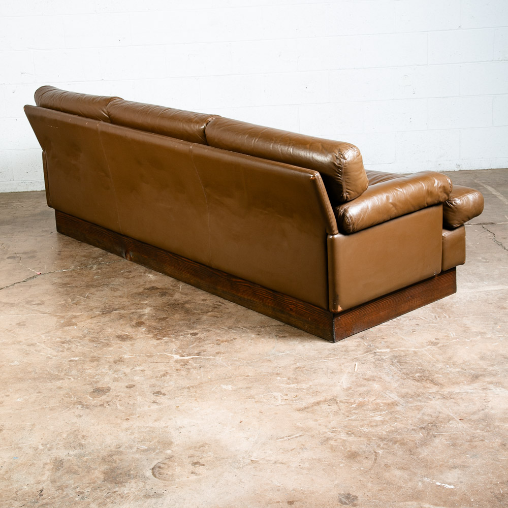 Mid Century Modern Sofa Couch Brown Leather 70s 80s Platform Vintage Arms Plush - Image 3