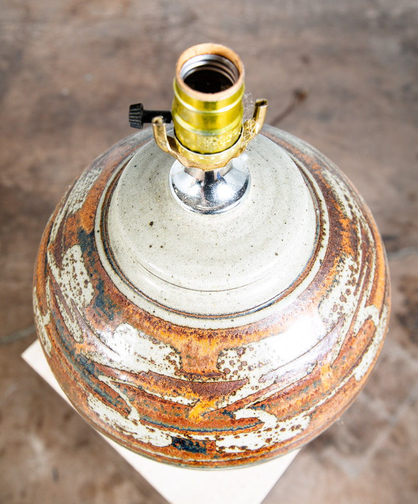 Mid Century Modern Table Lamp Set Pair Green Orange Grey Ceramic Round Vintage - Image 4