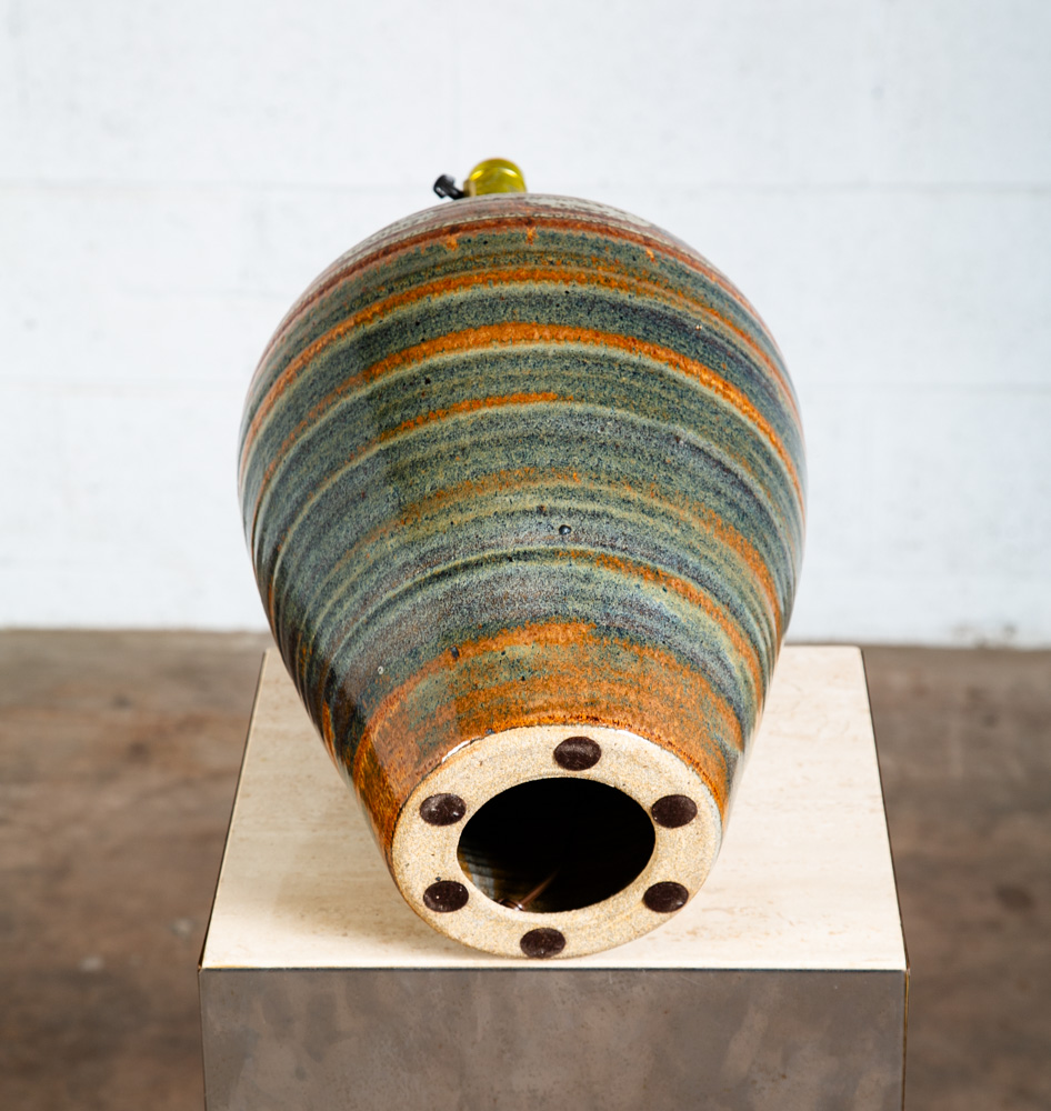 Mid Century Modern Table Lamp Set Pair Green Orange Grey Ceramic Round Vintage - Image 7