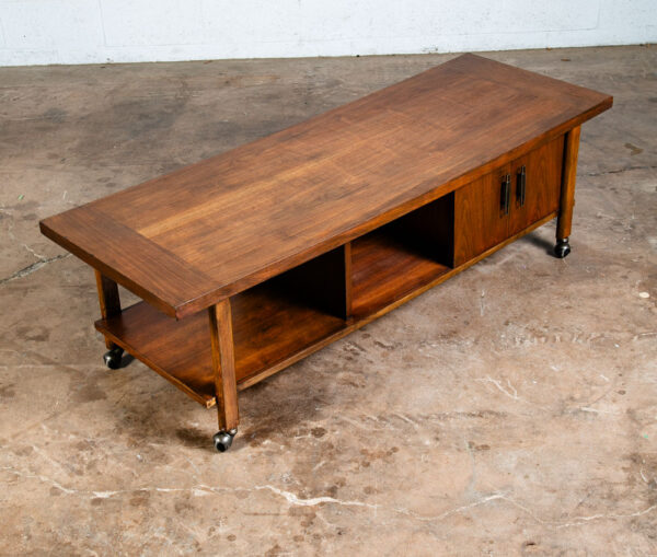 Mid Century Modern Coffee table Lane Rolling Storage Walnut Sliding Door Vintage - Image 6