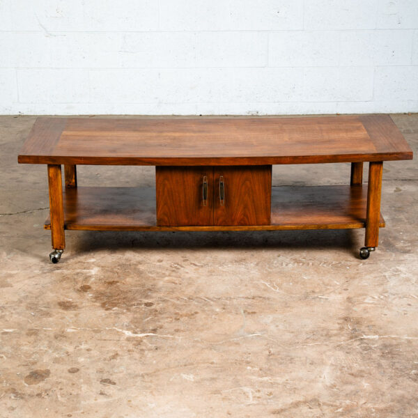 Mid Century Modern Coffee table Lane Rolling Storage Walnut Sliding Door Vintage - Image 2