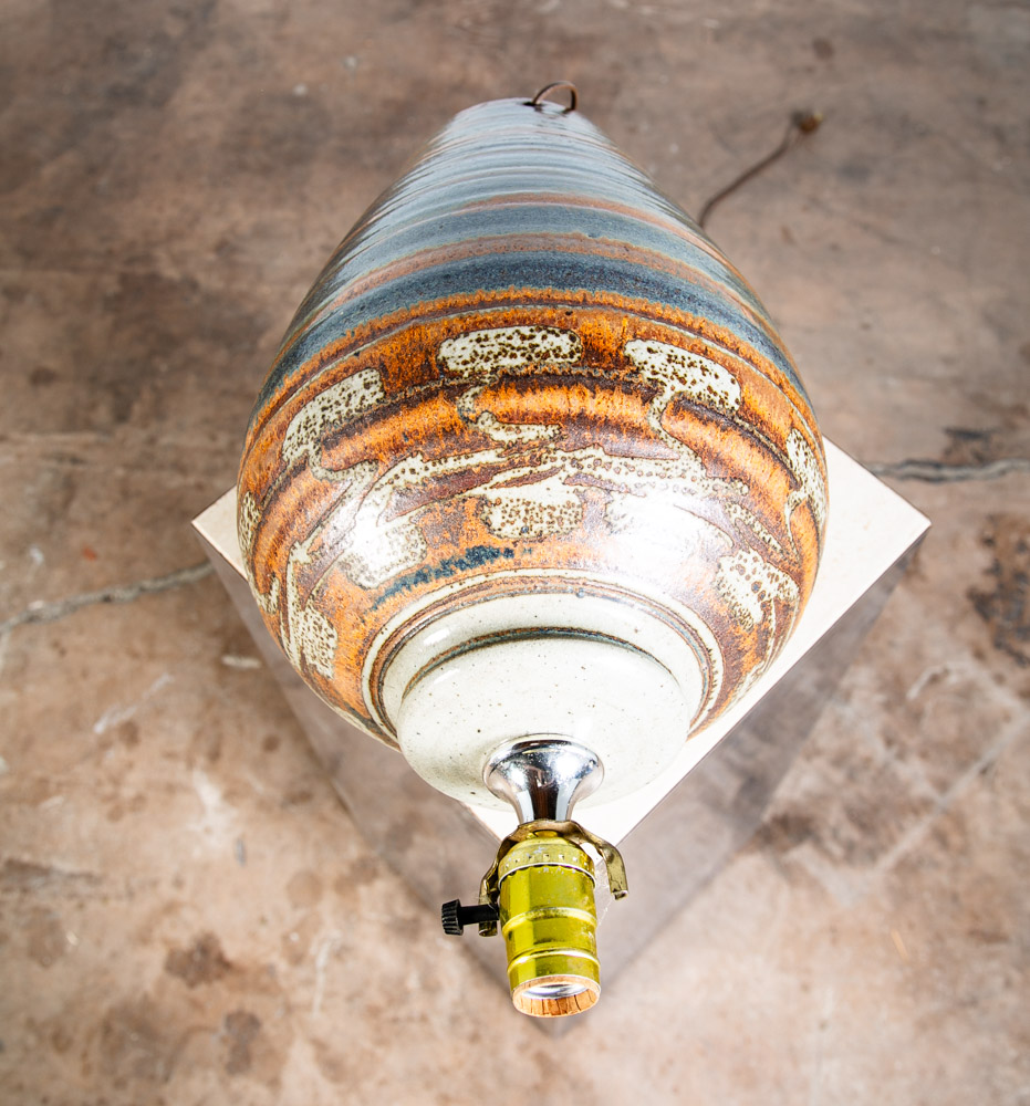 Mid Century Modern Table Lamp Set Pair Green Orange Grey Ceramic Round Vintage - Image 12