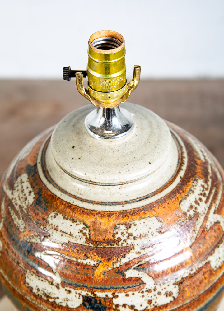 Mid Century Modern Table Lamp Set Pair Green Orange Grey Ceramic Round Vintage - Image 10