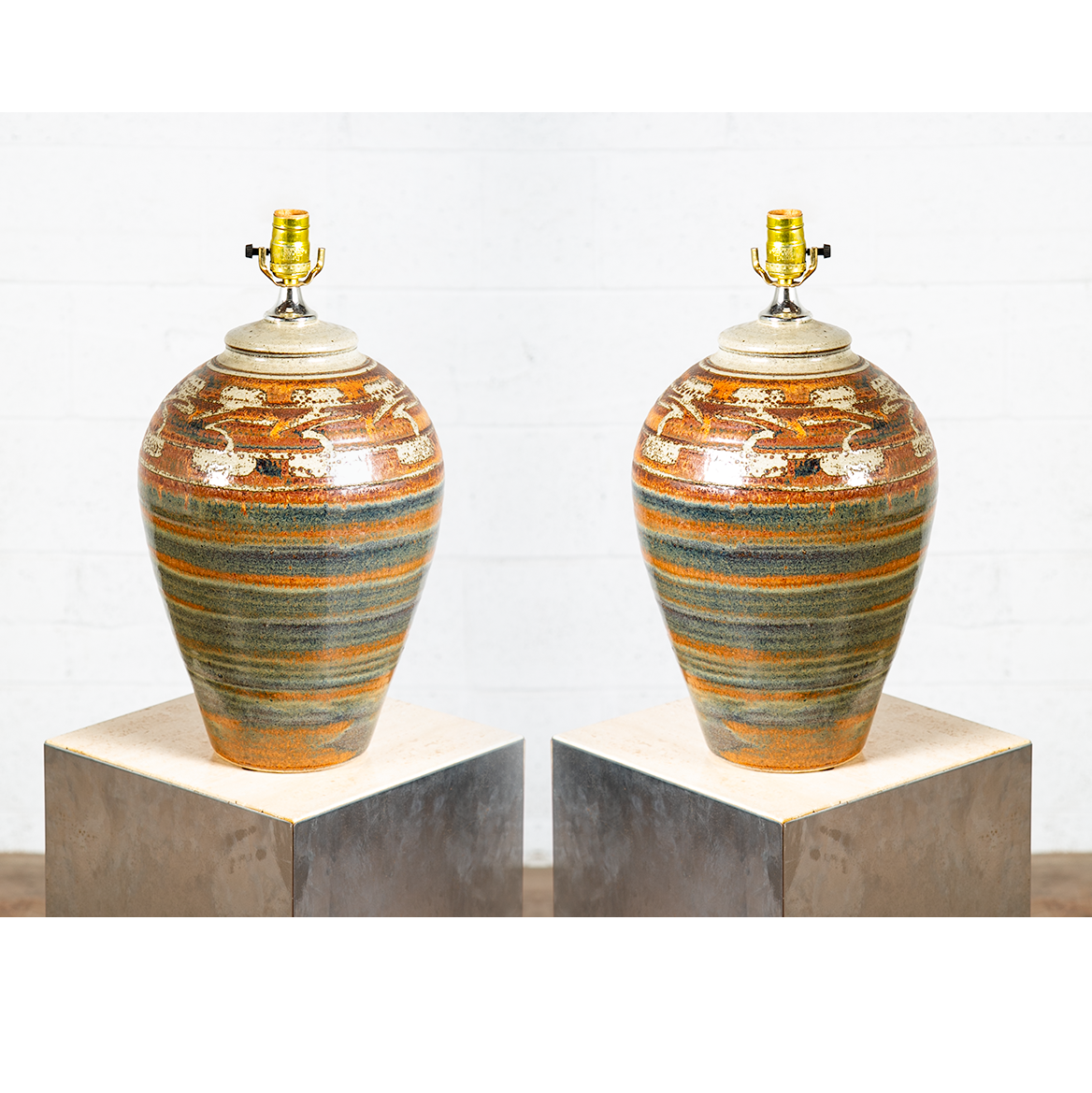 Mid Century Modern Table Lamp Set Pair Green Orange Grey Ceramic Round Vintage