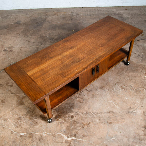 Mid Century Modern Coffee table Lane Rolling Storage Walnut Sliding Door Vintage - Image 3