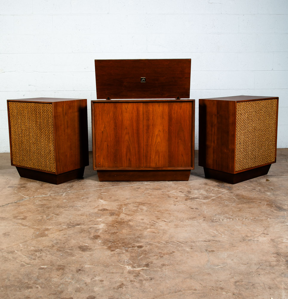 Mid Century Modern Credenza Stereo 3 Piece Console RCA Cabinet Audio Walnut Wood