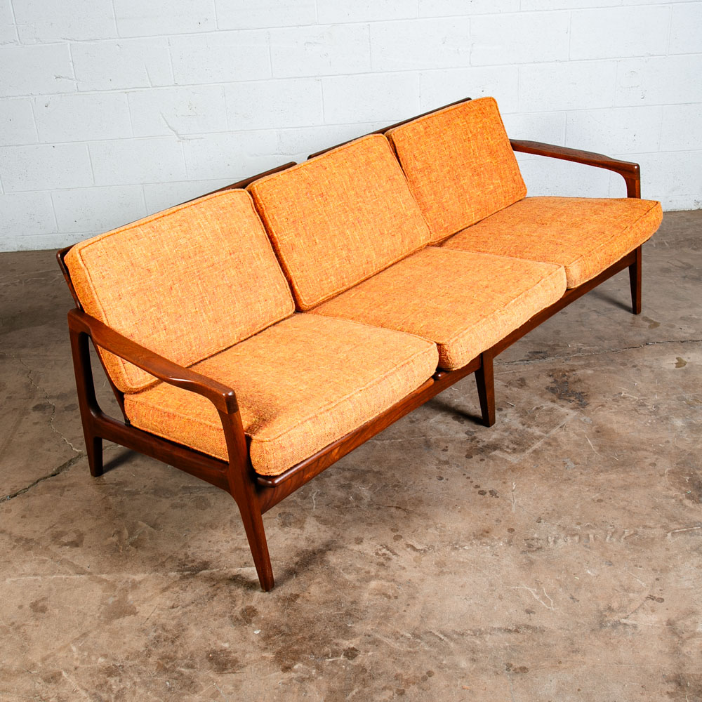 Mid Century Danish Modern Sofa Couch Solid Teak Orange Japanese Japan Arm 3 Seat - Image 6