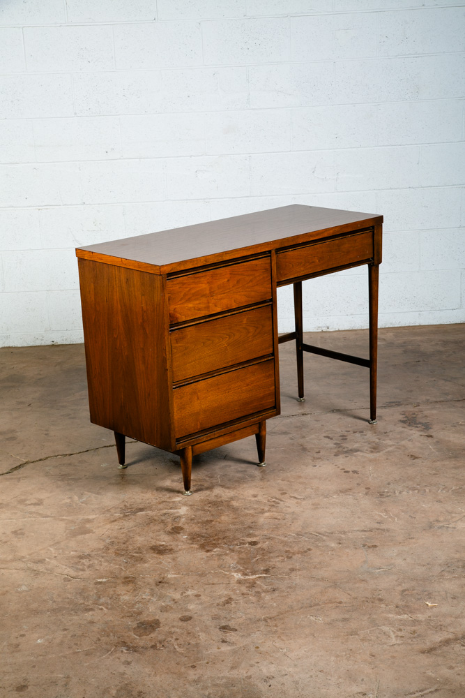 Mid Century Modern Desk Walnut Office Vintage 4 Drawers Executive Compact Mcm - Image 11