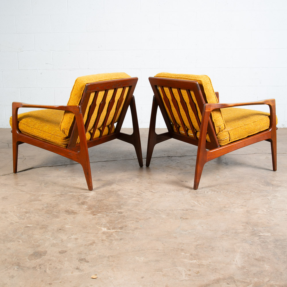 Mid Century Danish Modern Lounge Chairs Solid Teak Yellow Japanese Japan Arm Set - Image 8