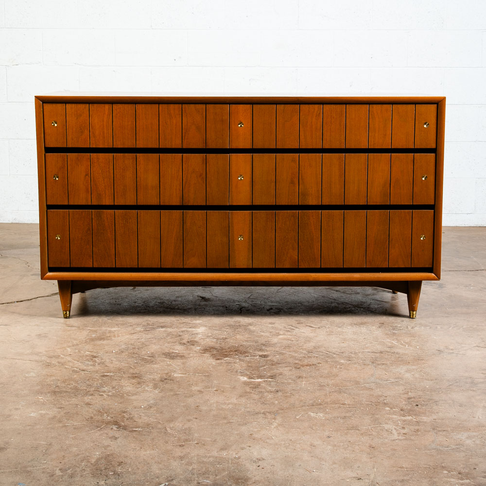 Mid Century Modern Dresser Credenza Kroehler Furniture Walnut 6 Drawer Brass Mcm - Image 2
