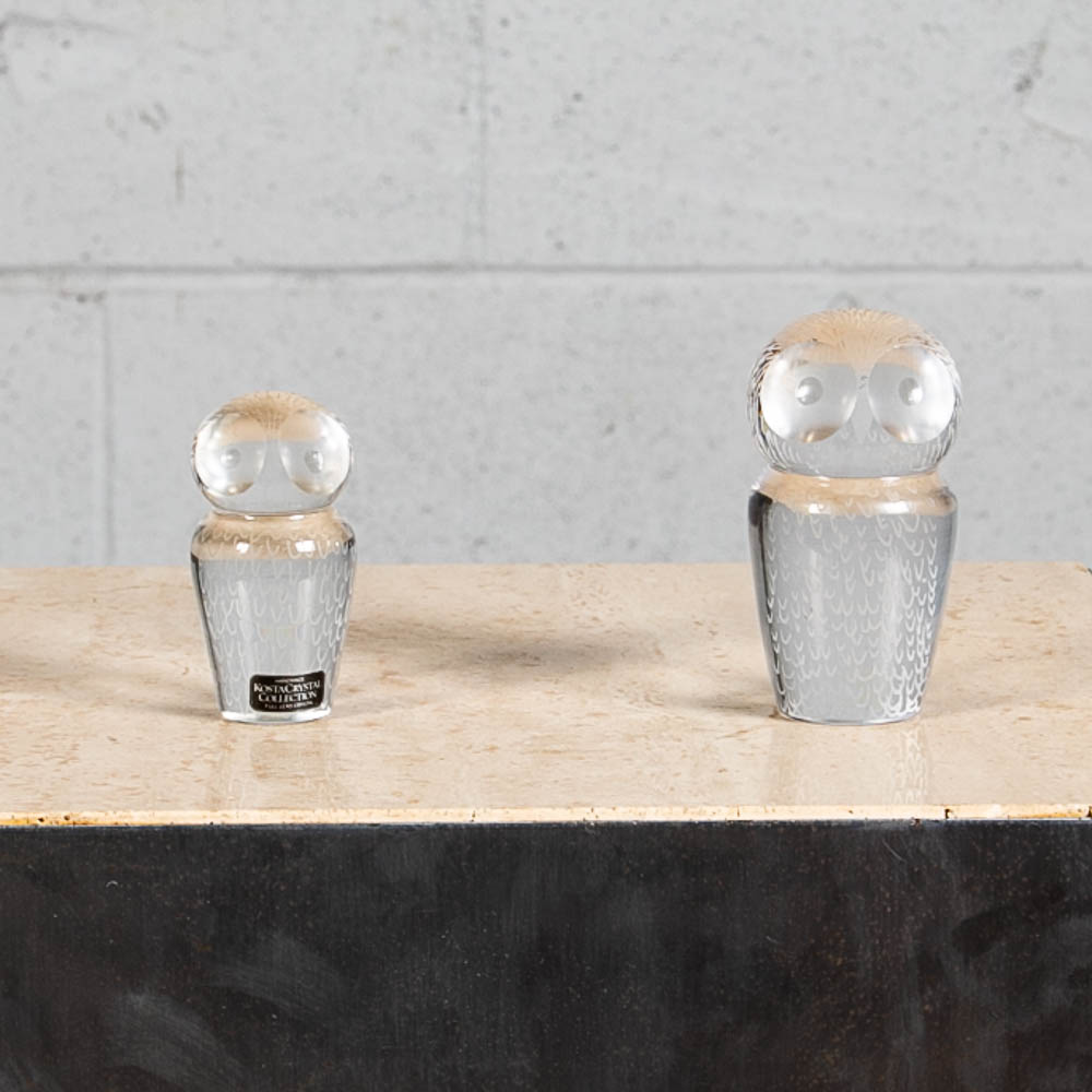 Mid Century Modern Two Swedish Kosta Boda Crystal Owls Clear Glass Set of Two