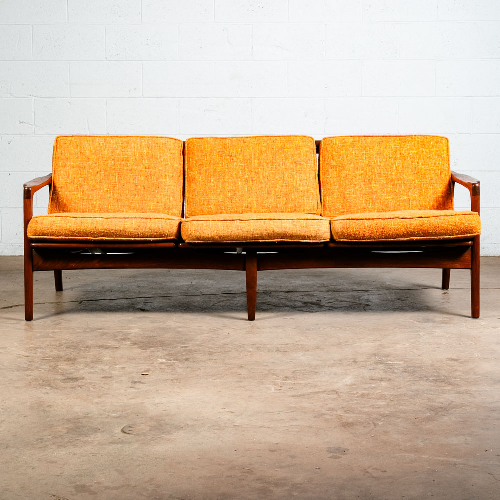 Mid Century Danish Modern Sofa Couch Solid Teak Orange Japanese Japan Arm 3 Seat - Image 2