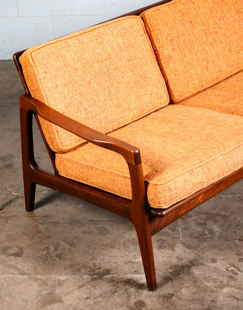 Mid Century Danish Modern Sofa Couch Solid Teak Orange Japanese Japan Arm 3 Seat - Image 8