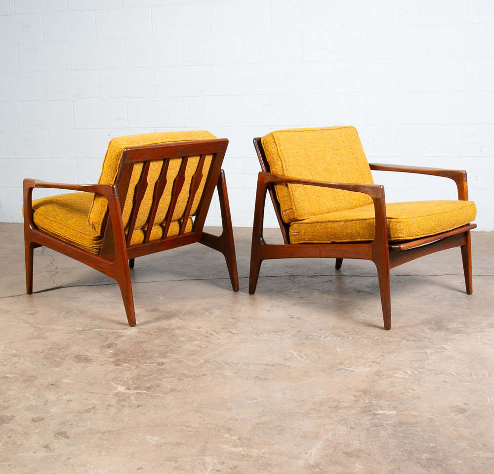 Mid Century Danish Modern Lounge Chairs Solid Teak Yellow Japanese Japan Arm Set - Image 4