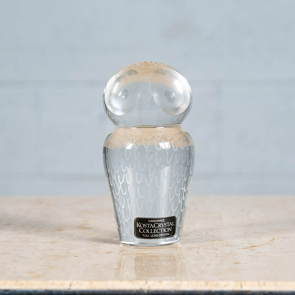 Mid Century Modern Two Swedish Kosta Boda Crystal Owls Clear Glass Set of Two - Image 3