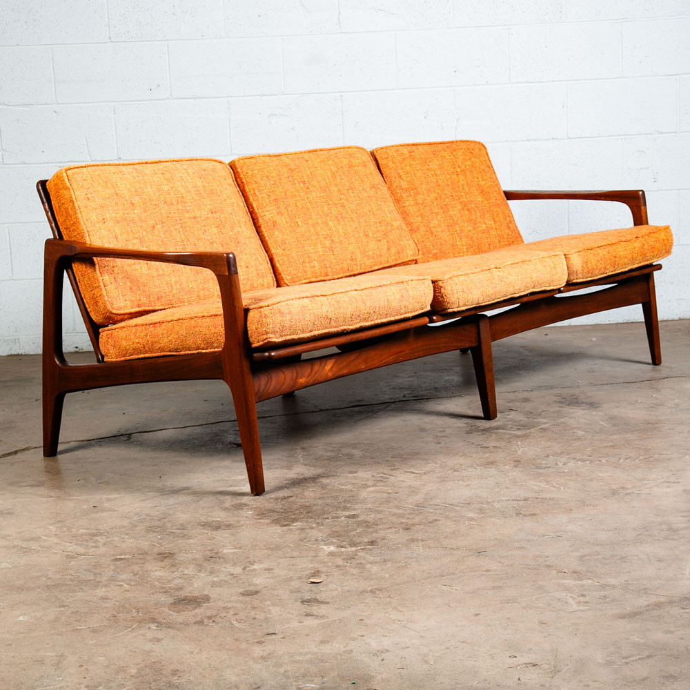 Mid Century Danish Modern Sofa Couch Solid Teak Orange Japanese Japan Arm 3 Seat