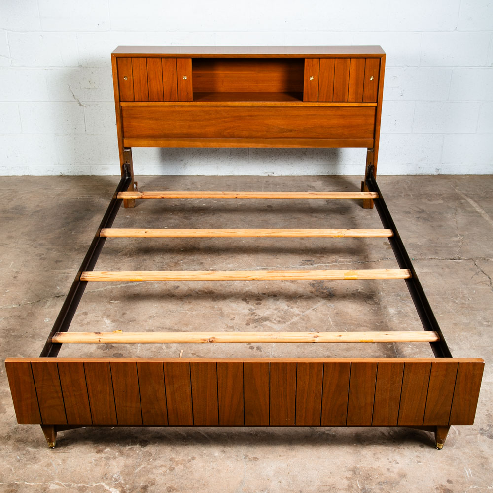 Mid Century Modern Headboard Bed Frame Full Kroehler Walnut Sliding Doors Rails - Image 4