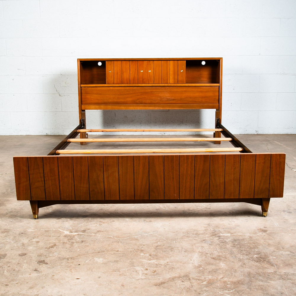 Mid Century Modern Headboard Bed Frame Full Kroehler Walnut Sliding Doors Rails - Image 2