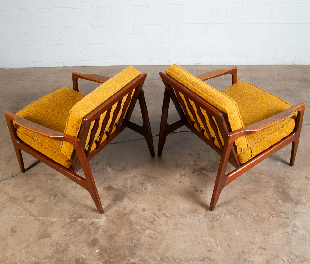 Mid Century Danish Modern Lounge Chairs Solid Teak Yellow Japanese Japan Arm Set - Image 11