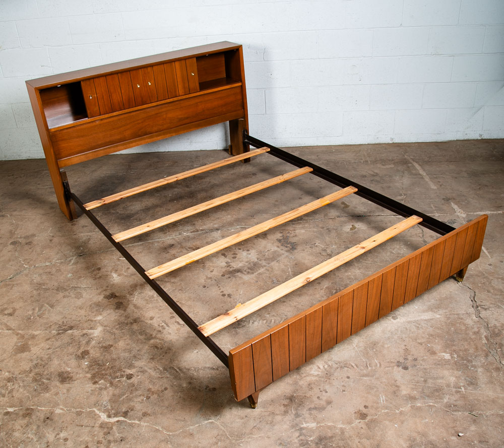 Mid Century Modern Headboard Bed Frame Full Kroehler Walnut Sliding Doors Rails - Image 7