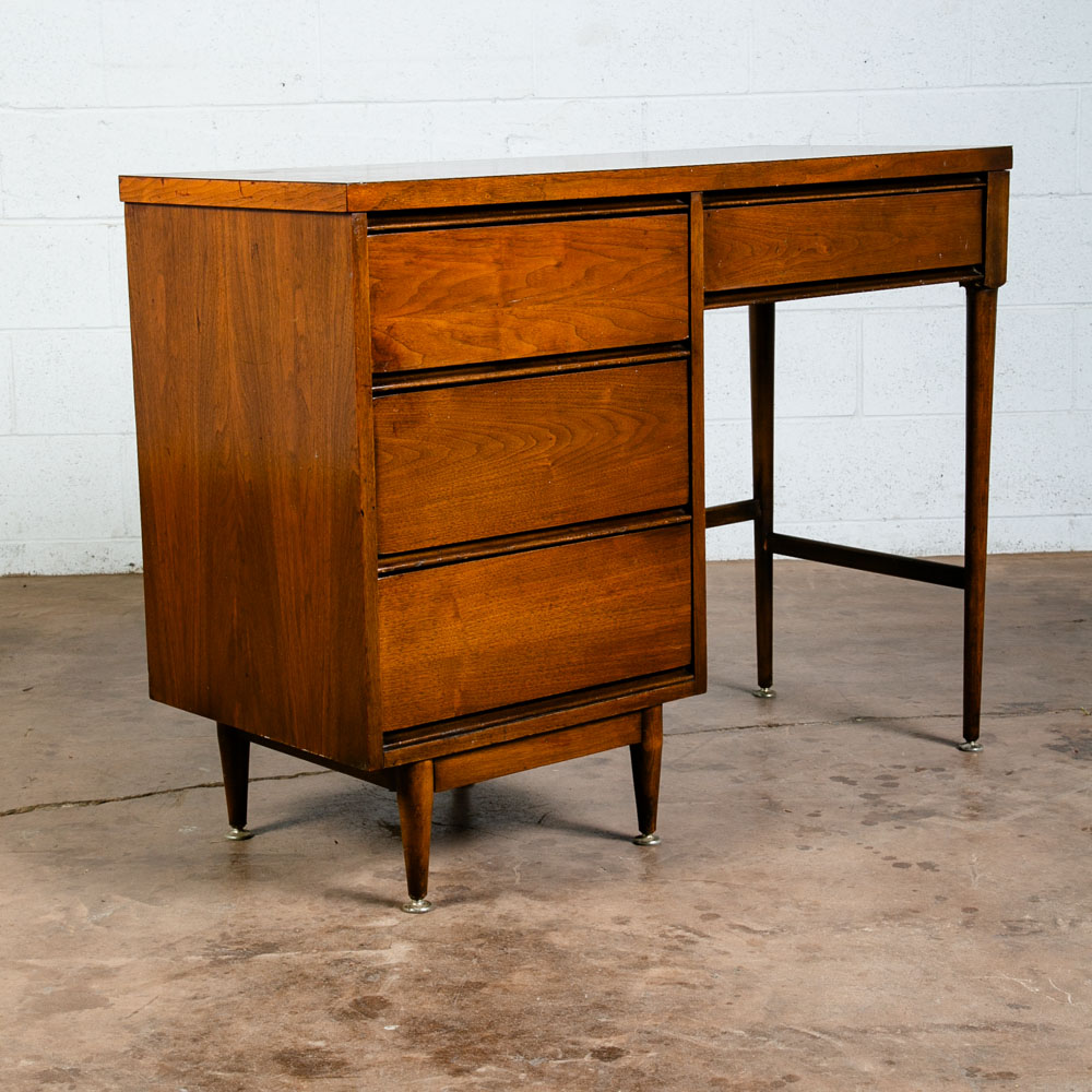 Mid Century Modern Desk Walnut Office Vintage 4 Drawers Executive Compact Mcm