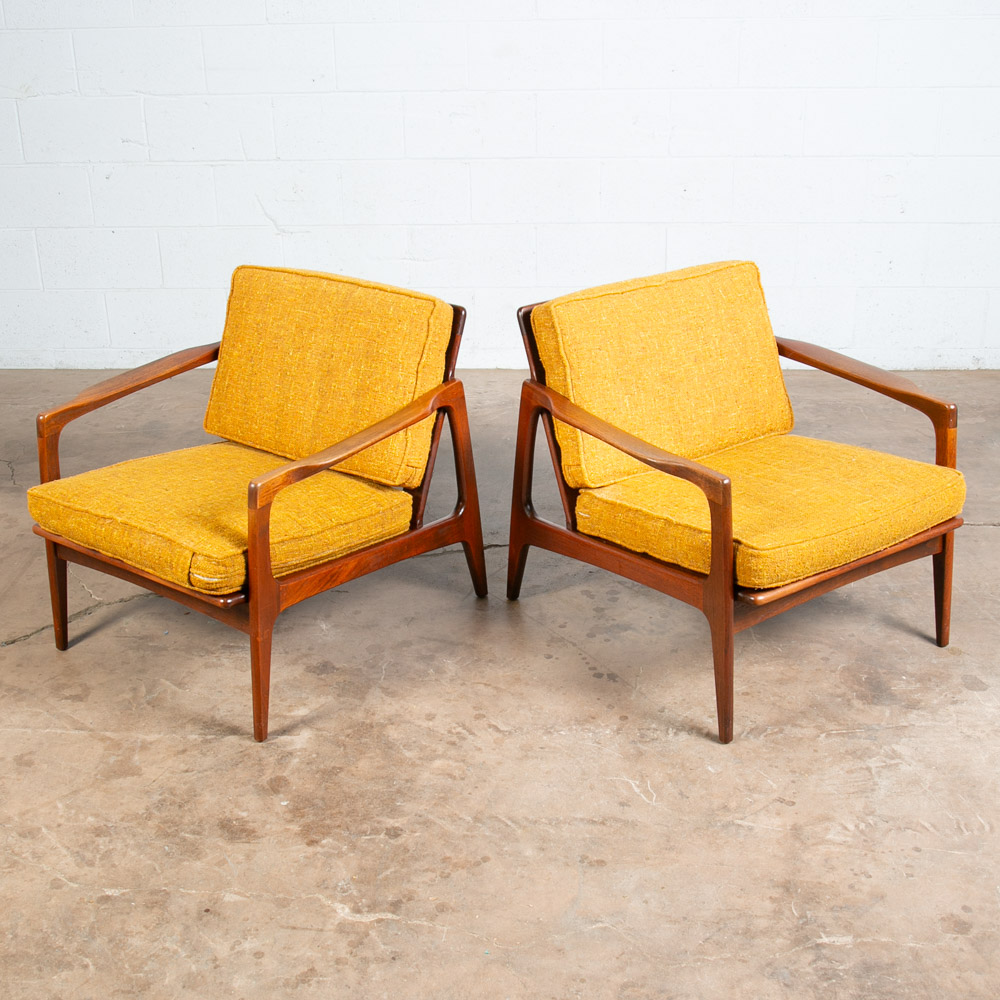 Mid Century Danish Modern Lounge Chairs Solid Teak Yellow Japanese Japan Arm Set - Image 9