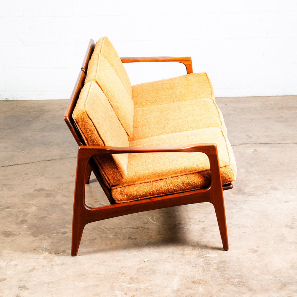 Mid Century Danish Modern Sofa Couch Solid Teak Orange Japanese Japan Arm 3 Seat - Image 3