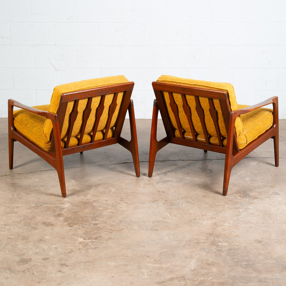 Mid Century Danish Modern Lounge Chairs Solid Teak Yellow Japanese Japan Arm Set - Image 3