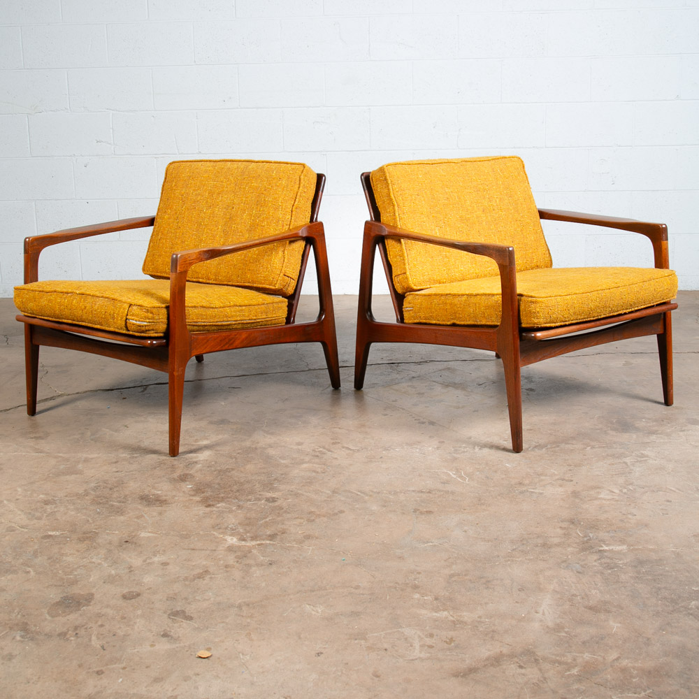 Mid Century Danish Modern Lounge Chairs Solid Teak Yellow Japanese Japan Arm Set