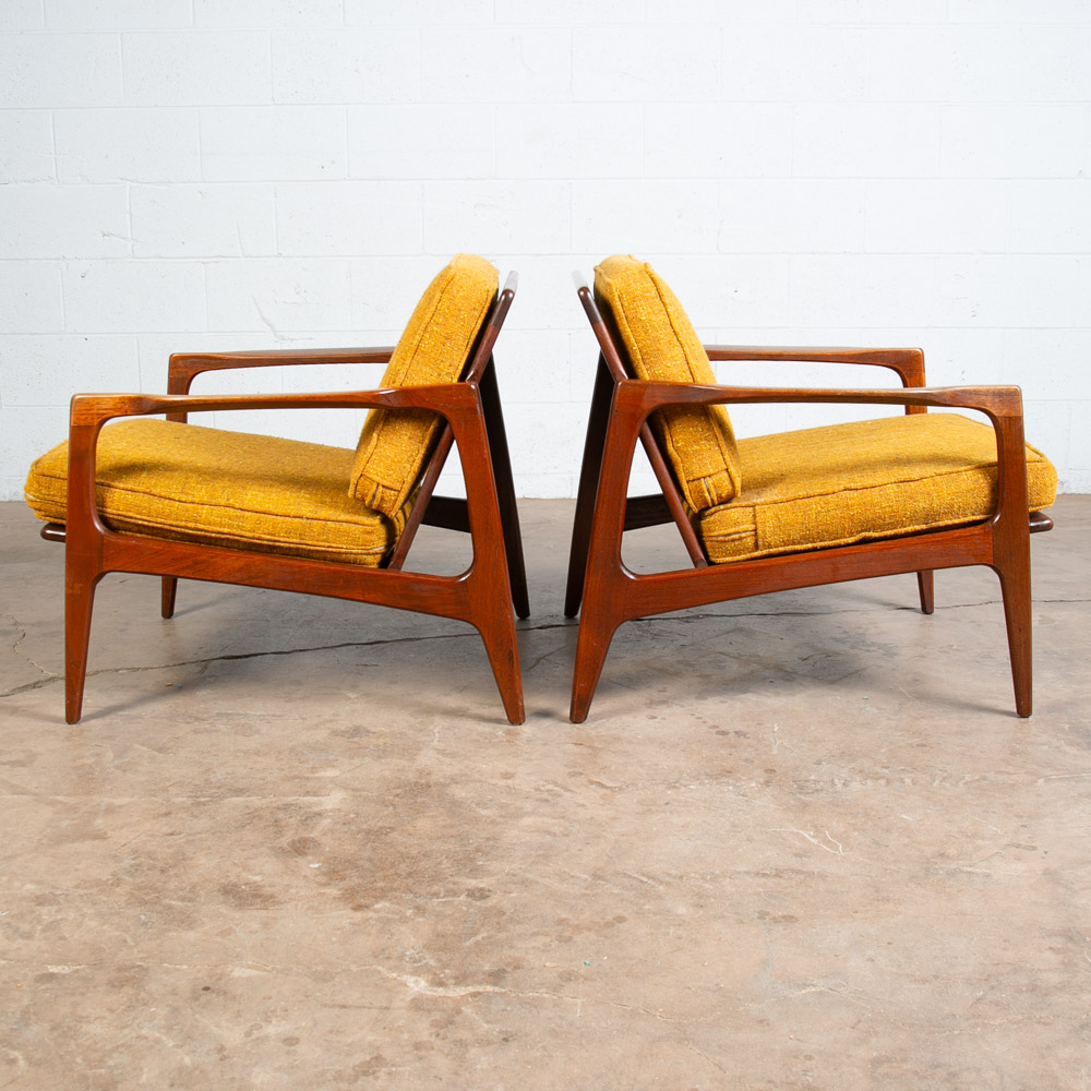 Mid Century Danish Modern Lounge Chairs Solid Teak Yellow Japanese Japan Arm Set - Image 2