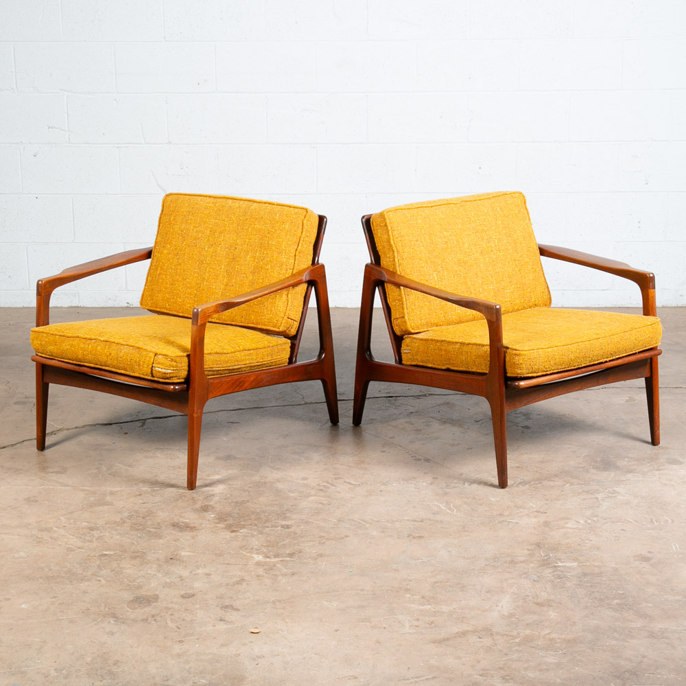 Mid Century Danish Modern Lounge Chairs Solid Teak Yellow Japanese Japan Arm Set - Image 12