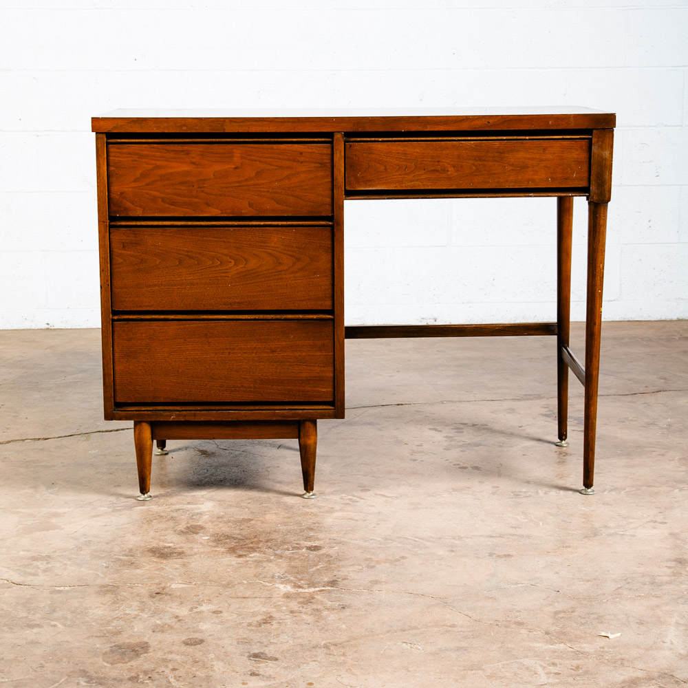 Mid Century Modern Desk Walnut Office Vintage 4 Drawers Executive Compact Mcm - Image 2