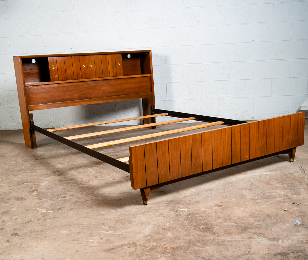 Mid Century Modern Headboard Bed Frame Full Kroehler Walnut Sliding Doors Rails - Image 5