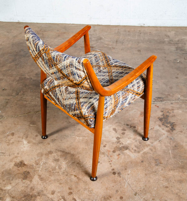 Mid Century Danish Modern Armchair Chair Beech Dining Arms Blue Brown Tweed Mcm - Image 6