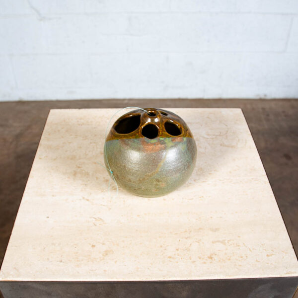 Mid century Pot Hanging Spherical Ceramic Art Piece Beige Teal Glaze Finish Mcm - Image 3