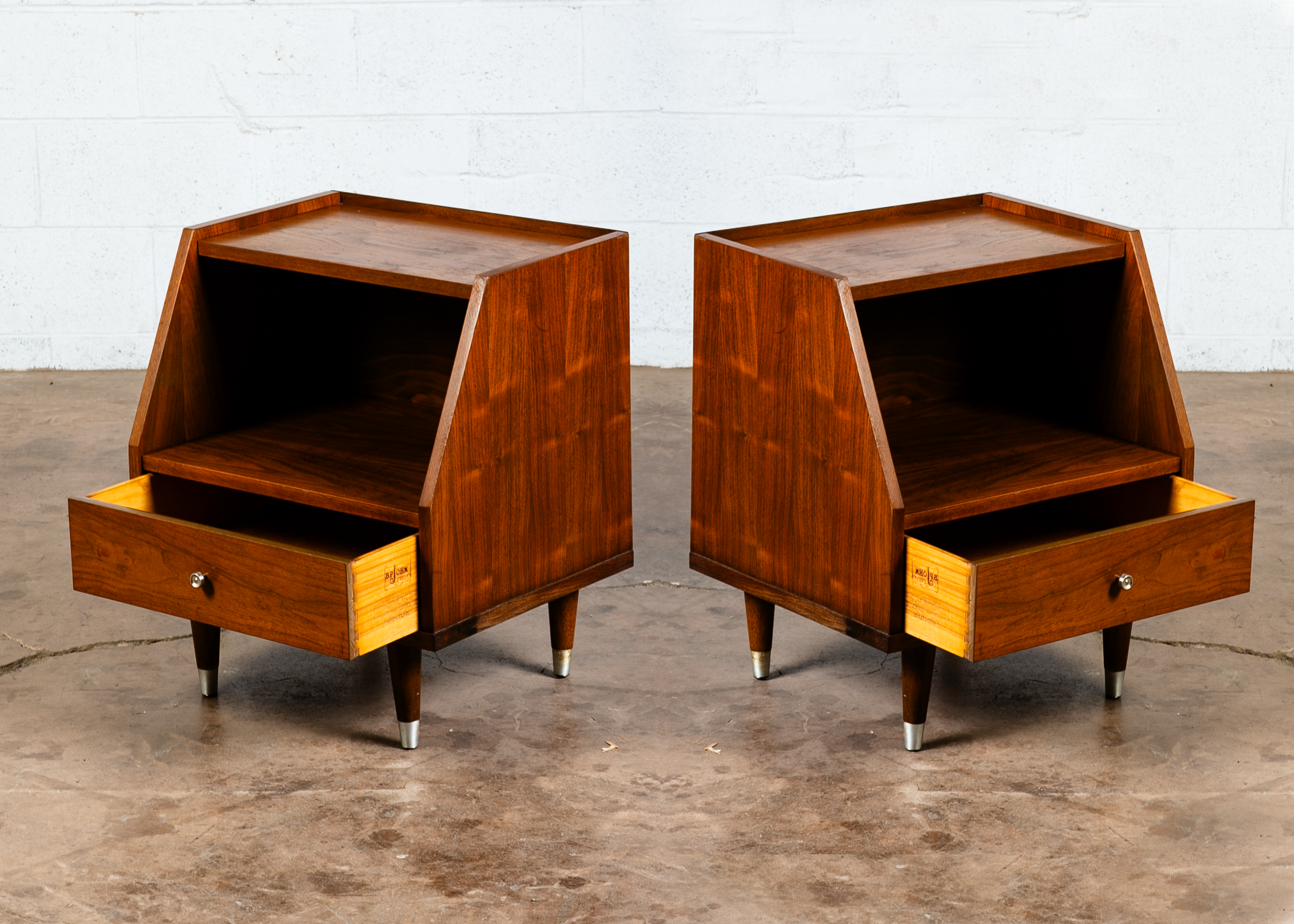 Mid Century Modern Nightstands End Side Tables Walnut Single Drawer BP John Mcm - Image 3