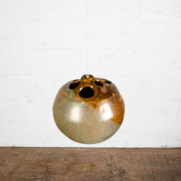 Mid century Pot Hanging Spherical Ceramic Art Piece Beige Teal Glaze Finish Mcm