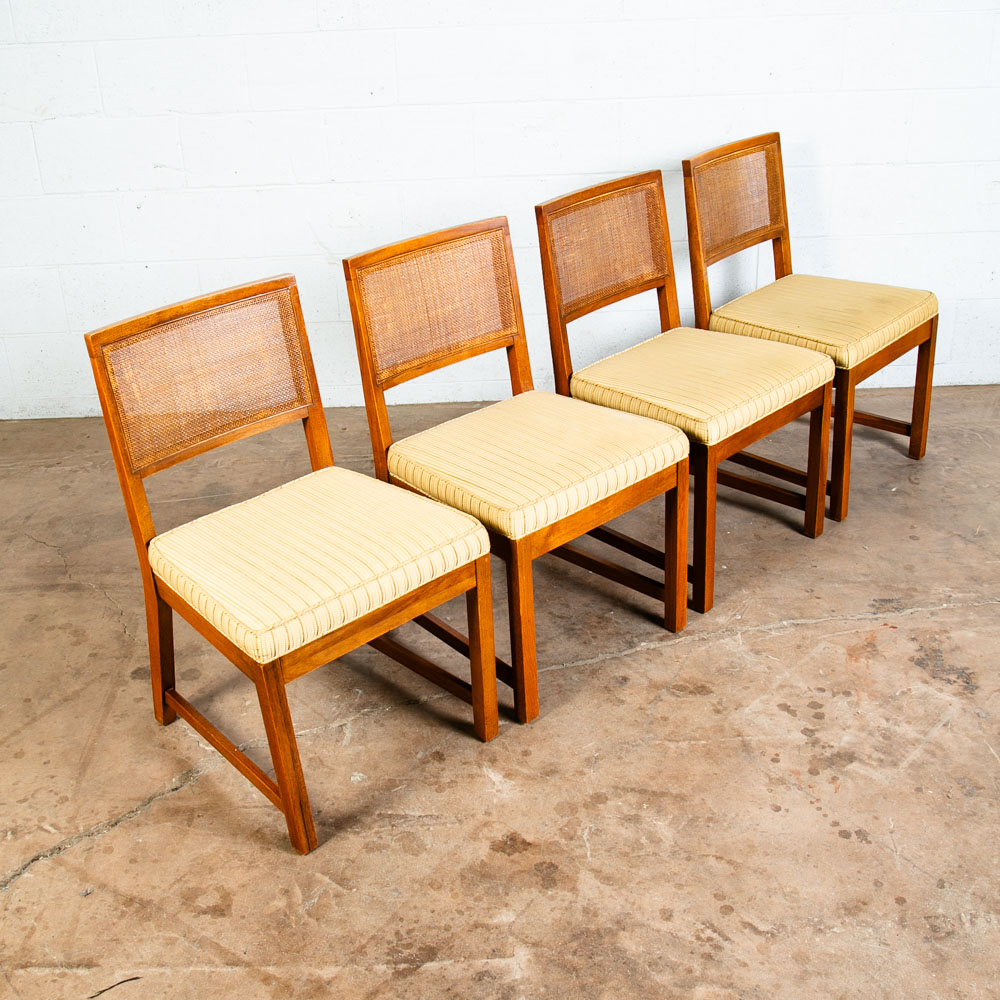 Mid Century Modern Dining Chairs Set 4 Cane High Back Vintage Brown Oak Tan Mcm