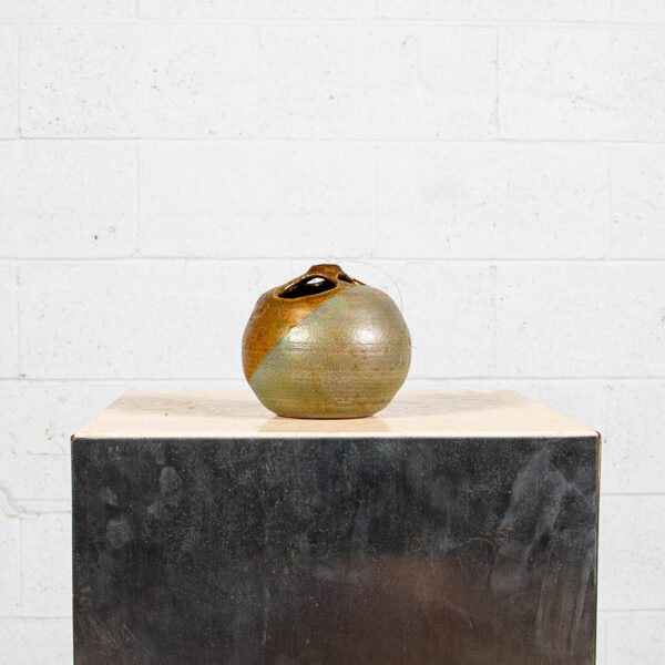 Mid century Pot Hanging Spherical Ceramic Art Piece Beige Teal Glaze Finish Mcm - Image 4