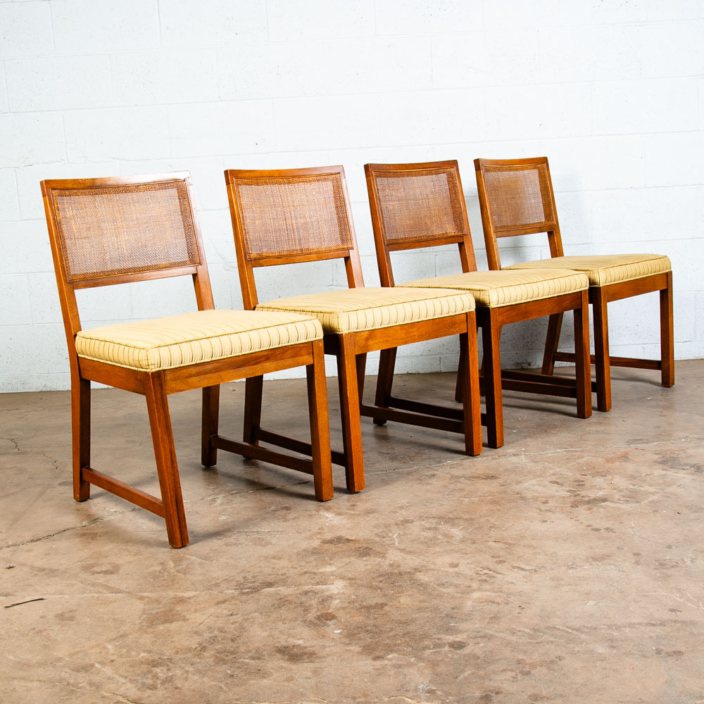 Mid Century Modern Dining Chairs Set 4 Cane High Back Vintage Brown Oak Tan Mcm - Image 3