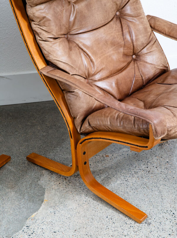 Mid Century Danish Modern Lounge Chair Set Siesta Tan Leather Westnofa Pair Arms - Image 4