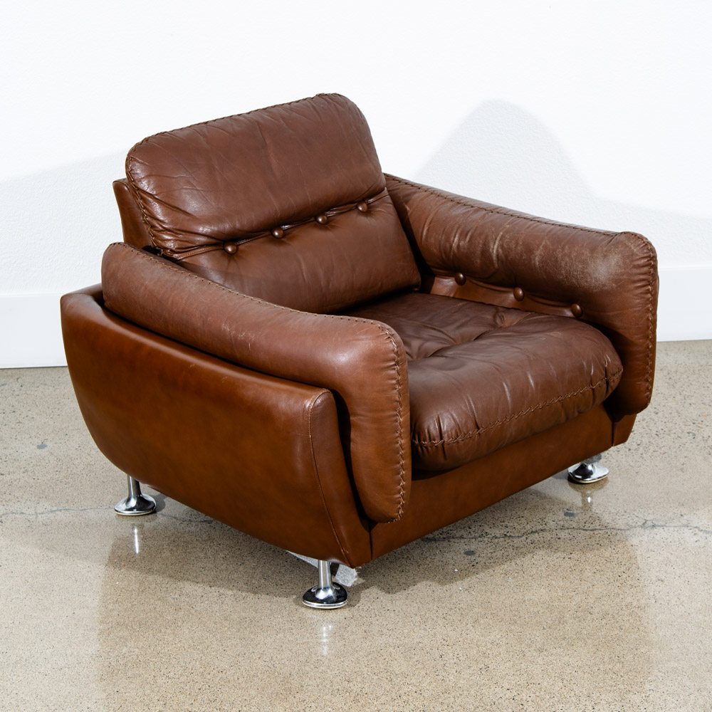 Mid Century Modern Lounge Chair Cognac Brown Caramel Leather Vintage Chrome Mcm - Image 3