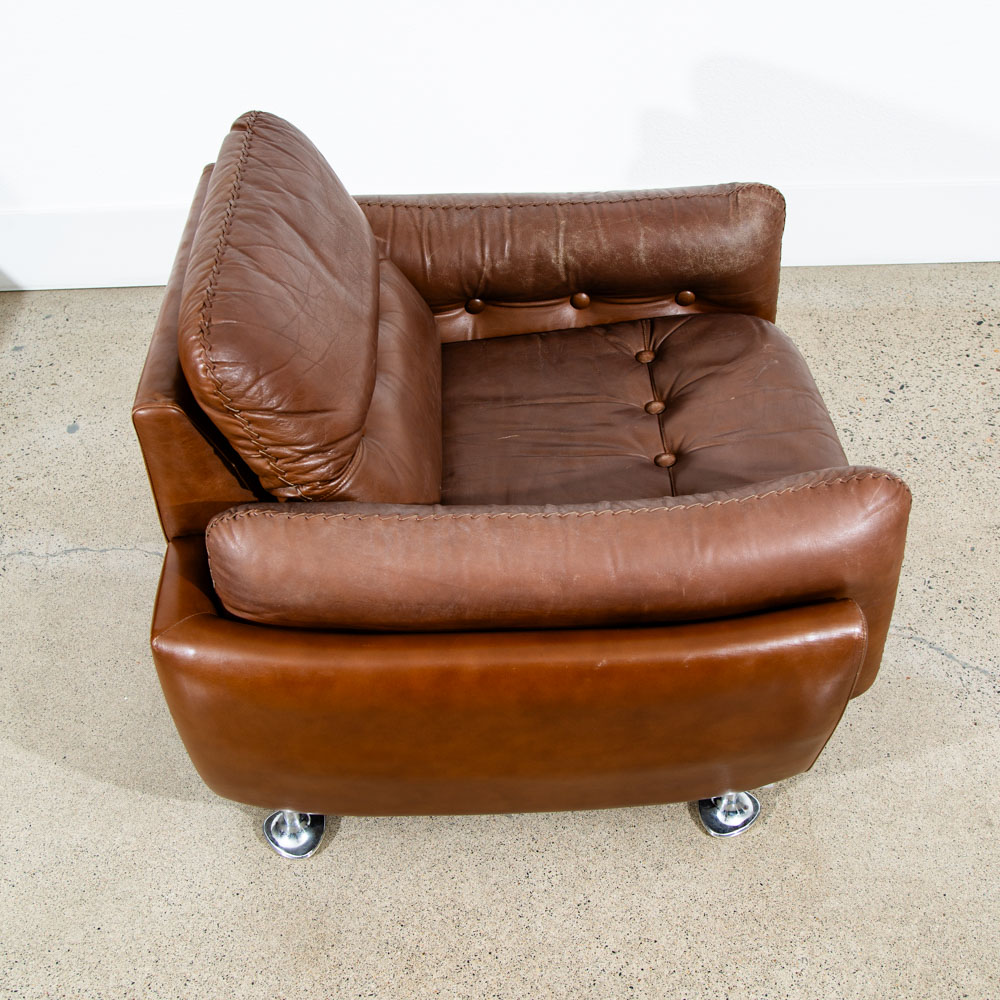 Mid Century Modern Lounge Chair Cognac Brown Caramel Leather Vintage Chrome Mcm - Image 9