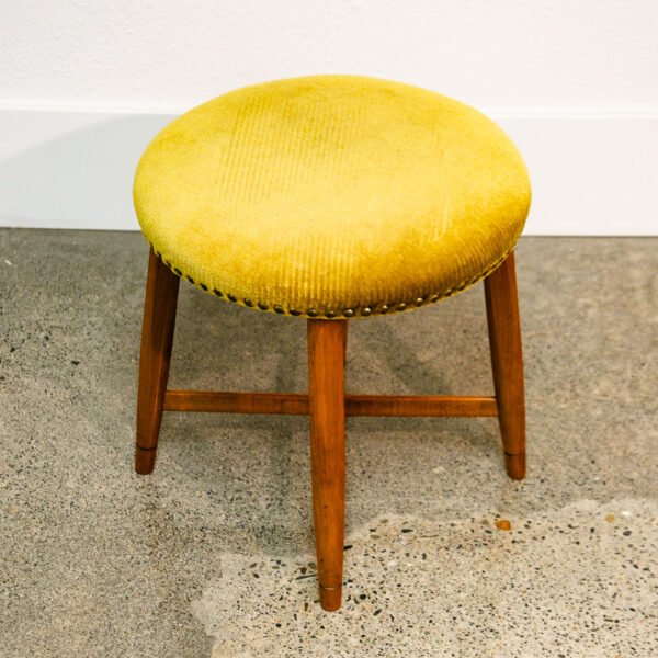 Mid Century Modern Stool Green Danish Vintage Round 70s Mohair Seat Solid Wood - Image 3