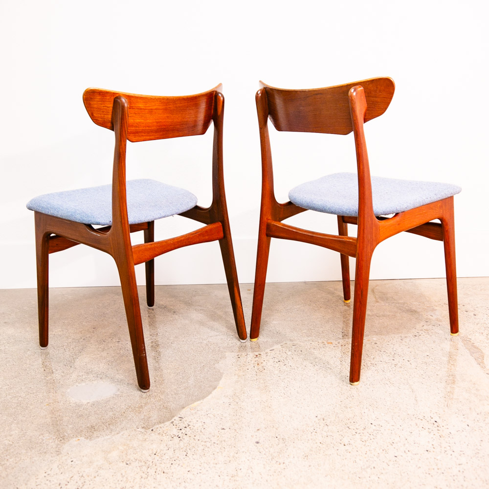 Mid Century Danish Modern Dining Chairs 6 Solid Teak Denmark Blue Tweed Fabric - Image 6