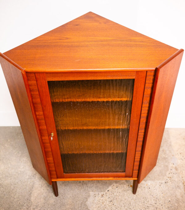 Mid Century Danish Modern Corner Cabinet Teak Wood Bar Denmark Glass Display Mcm - Image 3