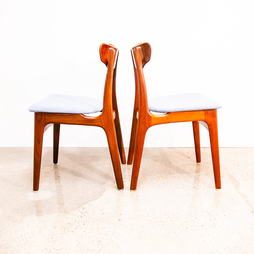 Mid Century Danish Modern Dining Chairs 6 Solid Teak Denmark Blue Tweed Fabric - Image 5