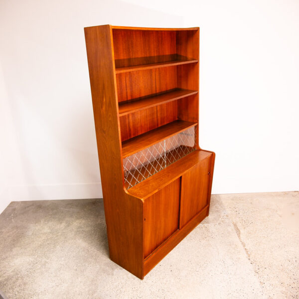Mid Century Danish Modern Credenza Bookshelf Cabinet Teak Shelves Glass Doors NM - Image 8